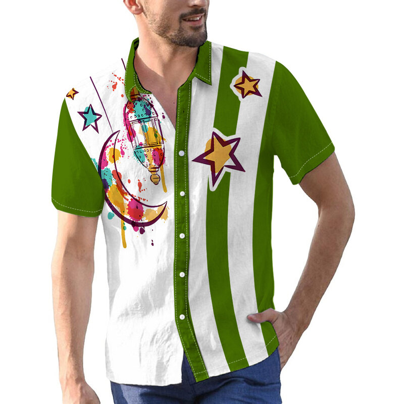 2024 라마단 스타일 남성 셔츠, 3D 인쇄 컬러 블록, 남성 의류 셔츠, 반팔 단추 캐주얼 휴일 옷깃 상의