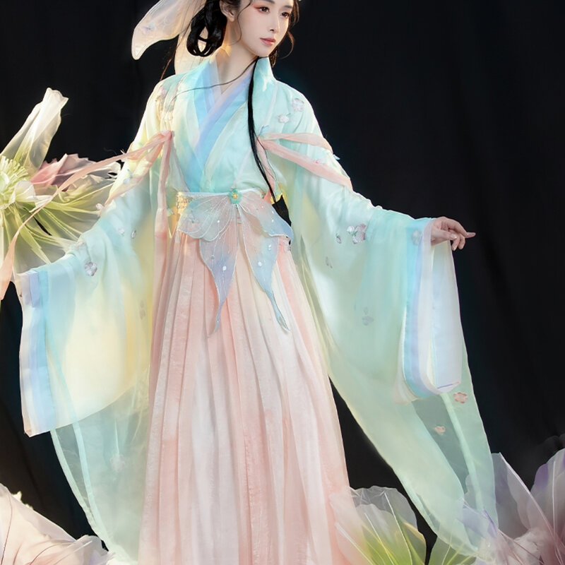 Kostum Huangyue Hanfu Asli Gaun Hanfu Cosplay Dinasti Utara dan Selatan Lengan Besar Gaun Wanita Pinggang Bordir