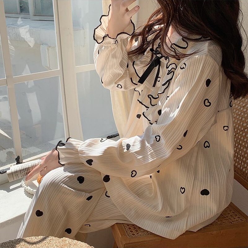 Spring Autumn Women Pajamas Long Sleeve Pure Cotton Pyjamas Sweet Loose Nightdress 2024 Latest Sleepwear Set Casual Home Wear