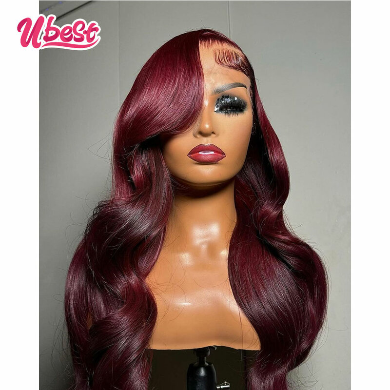 13x6 34inches Burgundy 99j Color Body Wave Lace Front Human Hair Wig 180%Density Brazilian Transparen Lace Frontal Wig For Women