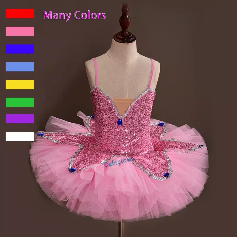 Vestido tutu de lantejoulas para meninas, vestido bailarina, performance de tule, fantasia de dança infantil, rosa