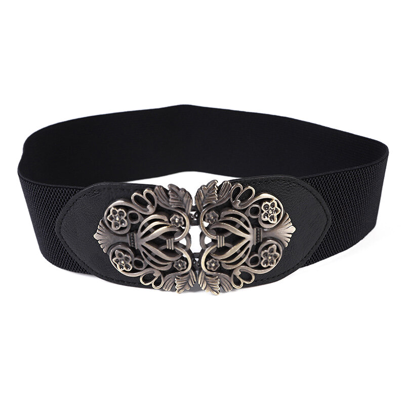 Elegante cinturón negro elástico con hebilla de Metal para mujer, cinturilla ancha para vestido, abrigos, fajas de ocio, cinturón de moda