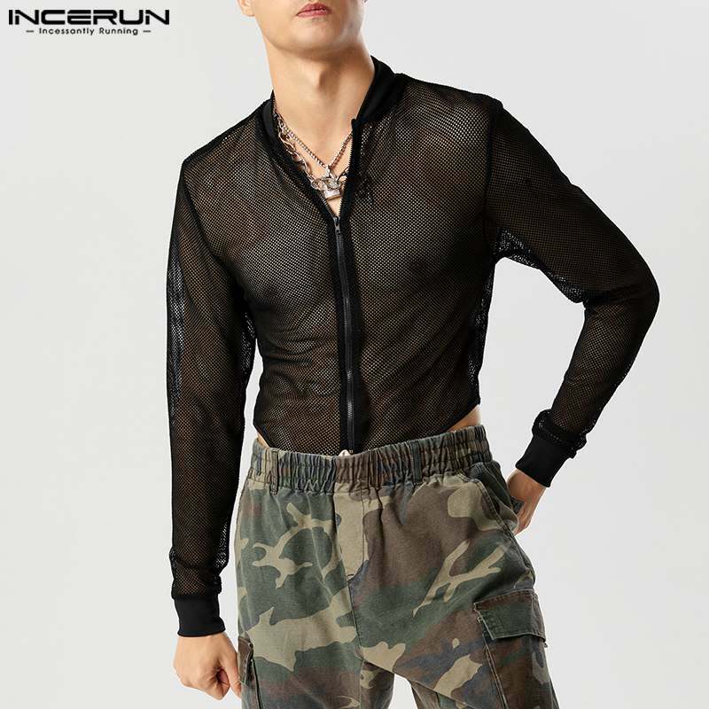 INCERUN 2024 Sexy Homewear nuovi uomini tuta Mesh Zipper Design alla moda Casual maschile See-through sottile triangolo body S-5XL