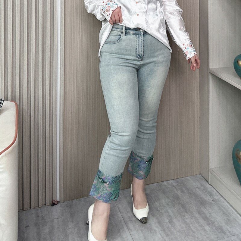 Jeans reto chinês feminino, cintura alta, elástico, botão de nó vintage, costura jacquard, calças finas, plus size, primavera, verão, 2024