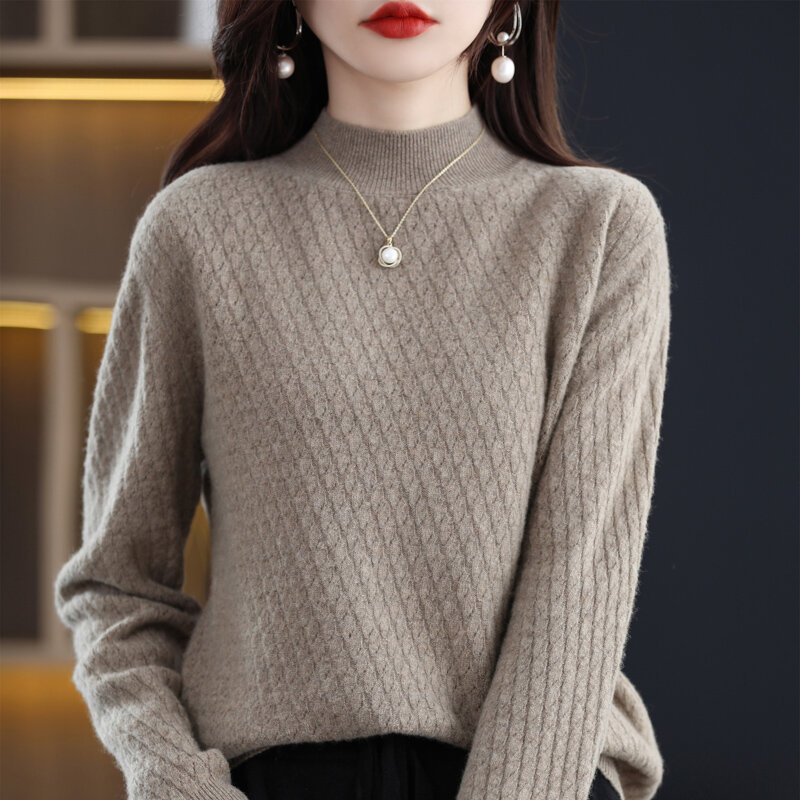 100% merino suéter de caxemira feminino a céu aberto camisola de gola alta de mangas compridas pulôver quente no outono e inverno.