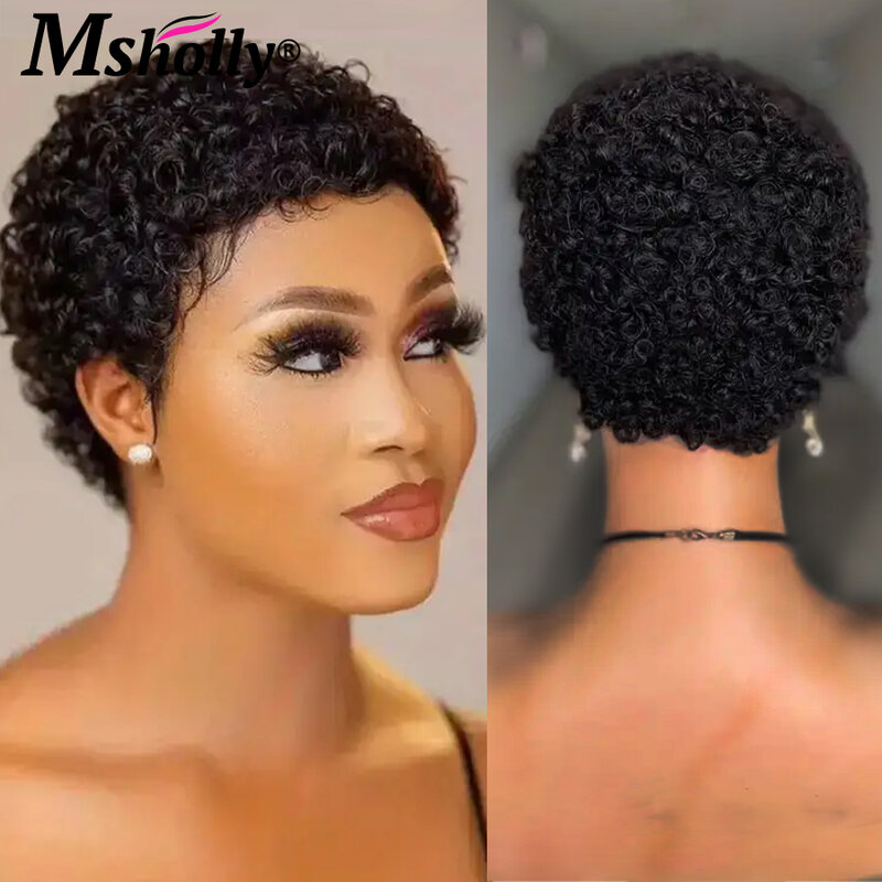 Afro peruki z włosami kręconymi typu Kinky fala brazylijskie Remy ludzkie włosy fryzura Pixie dla czarnych kobiet wykonane maszynowo peruki z krótkim fryzura Pixie peruki bezklejowym