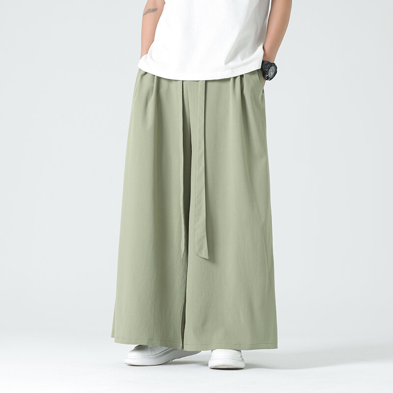 Męskie spodnie Kimono z szerokimi nogawkami męskie lodowy jedwab spodnie Retro luźne spodnie męskie w stylu chińskim spodnie w stylu Kimono męskie duże spodnie na co dzień