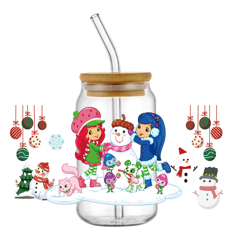 Cartoon Aardbei 16Oz Uv Dtf Cup Wraps Transfer Sticker Voor Glas Libbey Kan Fles Zelfklevend Wasbaar Diy Custom