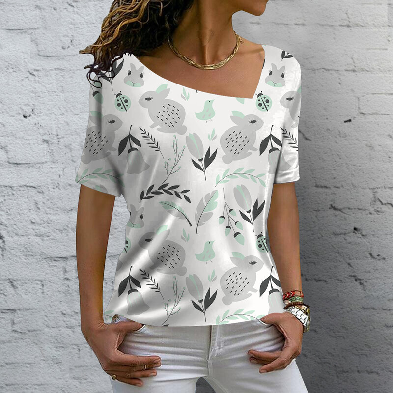 Женская футболка с коротким рукавом, V-образным вырезом и цветочным принтом