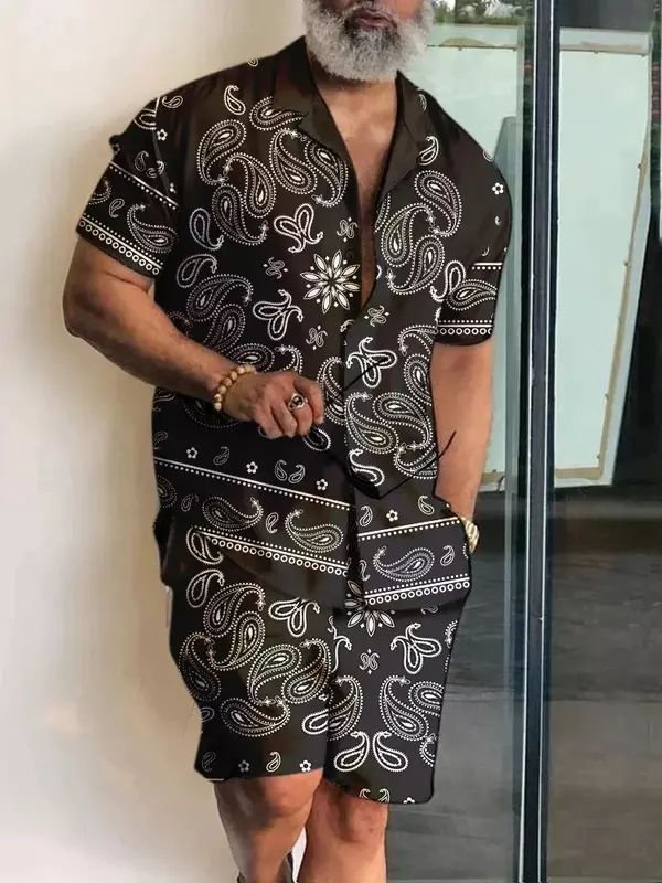 Patchwork 3D dos homens lapela manga curta conjuntos casuais de camisa de praia e shorts, streetwear verão, ternos havaianos de férias, roupas masculinas