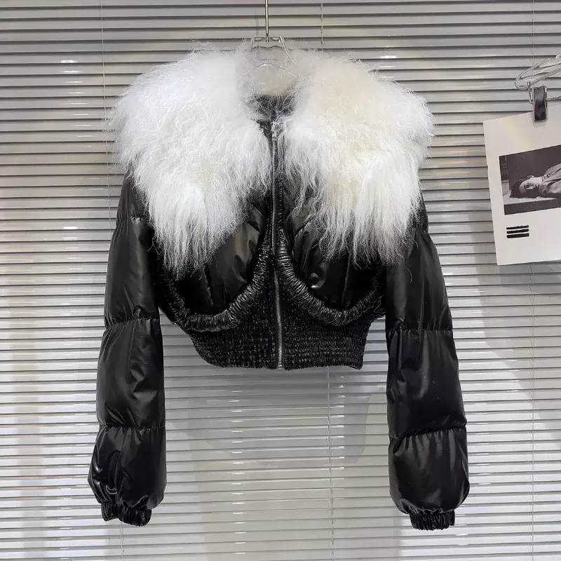 Chaqueta de plumón de cintura corta para mujer, abrigo con cuello de piel de cordero grande, brillante, cálido, invierno, 2023
