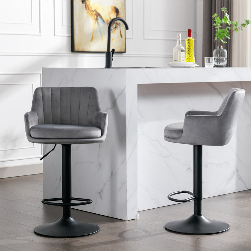 Verstellbare graue Barhocker 2er-Set mit Rückenlehne und Fuß stütze, stilvolle Bar stühle mit Gegen höhe für Küche und Pub