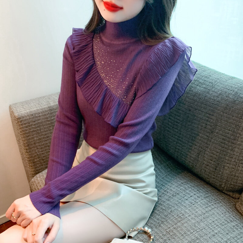 Top ajustado de retazos de encaje para mujer, suéter Multicolor cómodo que combina con todo, moda de otoño e invierno, 2023
