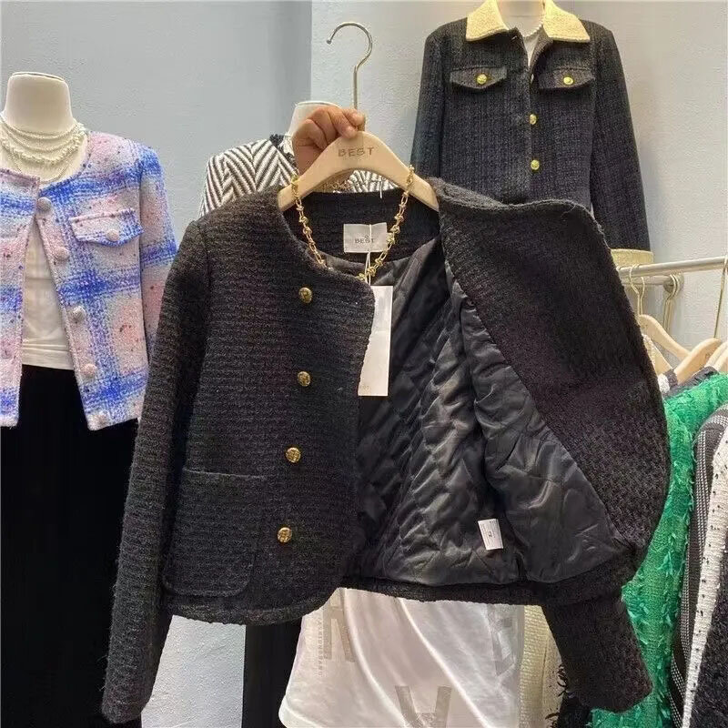 용수철 여성용 트위드 재킷, 하이 퀄리티 긴 소매 작은 가디건, 짧은 우아한 모직 코트, 숙녀 상의, 가을, 2024 신상