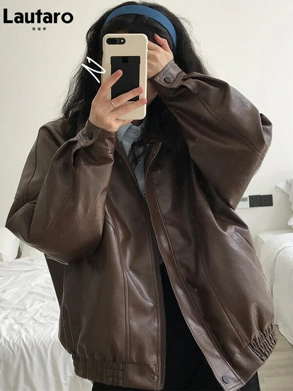 Lautaro wiosna jesień ponadgabarytowych Retro czarny brązowy skórzana kurtka kobiety zamek z długim rękawem luźne dorywczo fajne koreańskie ubrania 2022