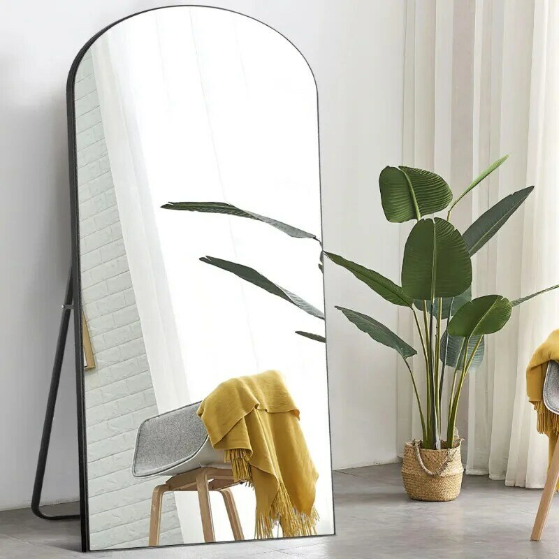 مرآة كاملة الطول مزخرفة مع حامل ، مرآة سوداء ، غرفة معيشة ، مرآة أرضية مقوسة ، 71 × 31 بوصة