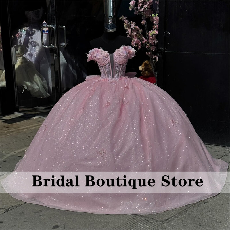 Блестящее розовое милое платье Quinceanera бальное платье с открытыми плечами кружевные бусины бабочки аппликации мексиканское милое платье 16
