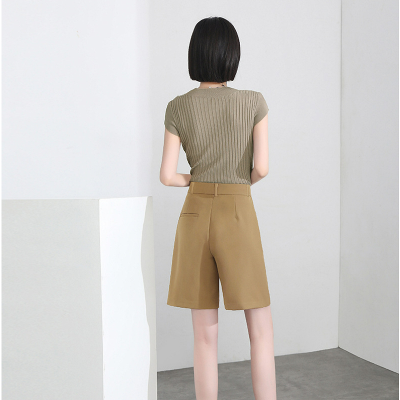 Shorts Suit Reta Wide-leg Calças Mulheres Cinto de Verão Fino Cintura Alta Slim Profissional pendulares Roupas Casuais Calças Colheita
