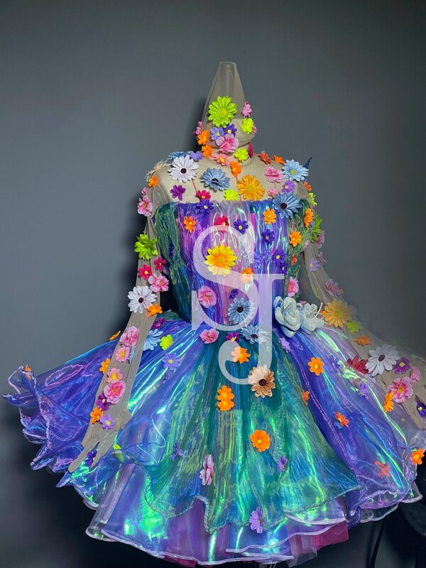 Birthday Outfit Purple Laser Dress Flower Bodysuit Adult Women Festival Carnival Clothing Singer Performance Stage Costume