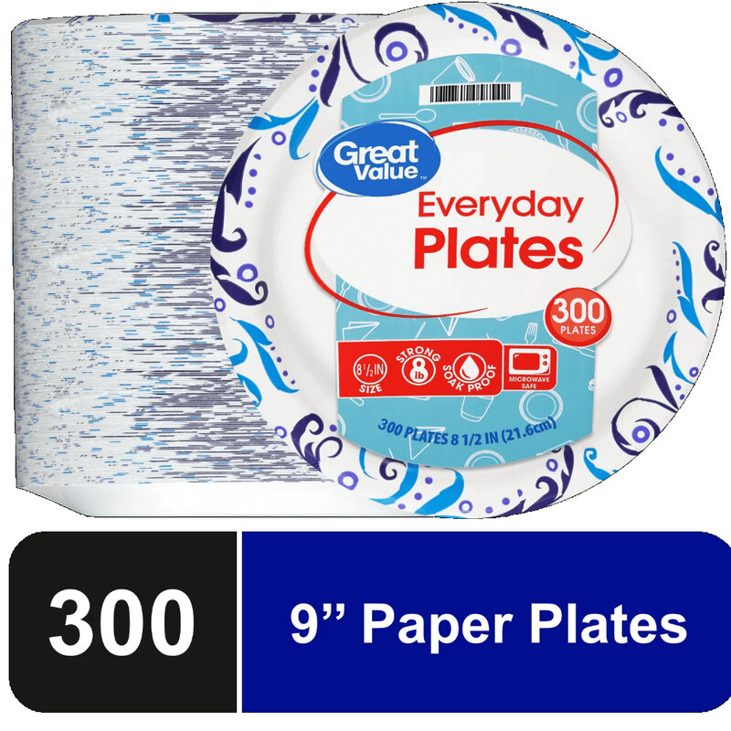 Everyday Strong, Soak Proof, Microwave Safe, Disposable Paper Plates, 9 in, Patterned, 300 Count