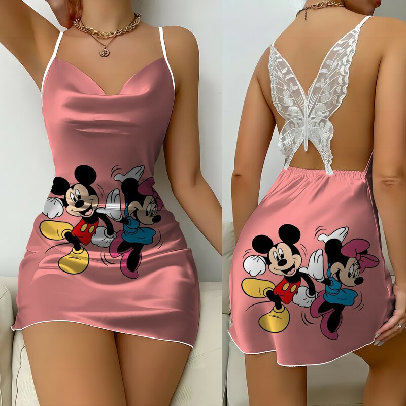 Minnie Mouse Bow Knot Pajama Skirt Fashion Summer Dresses 2024 Backless Dress Satin Surface Mickey Disney Womens Party Mini Sexy