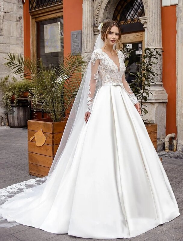 2024 Wedding Dress For Women V-Neck Lace Appliques A-Line Satin New Beach Bridal Gown Floor-Length Bride Evening Party Dress
