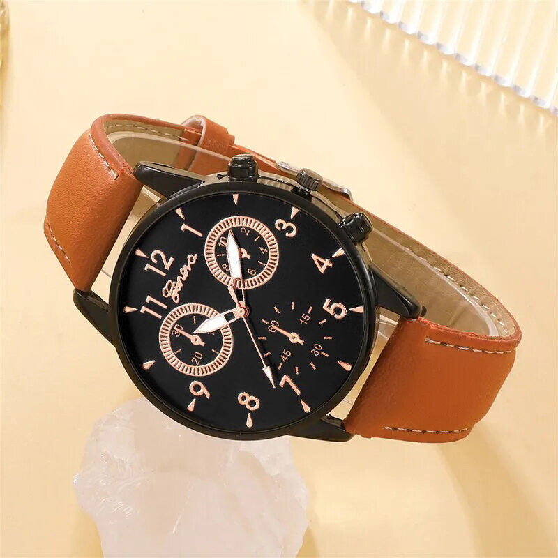 4PCS Set Fashion Mens Business Watches For Men Brown Leather Hand Rope Luxury Man Sport Casual Quartz Wrist Watch Reloj Hombre
