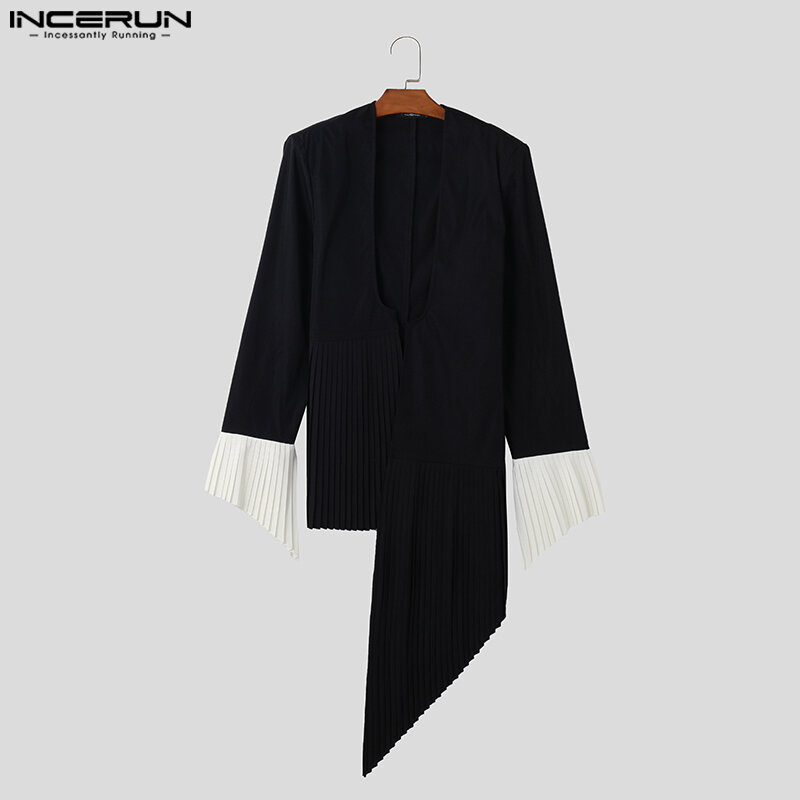 INCERUN Men Blazer Pleated Patchwork V Neck Long Sleeve Open Stitch Casual Irregular Suits Men Streetwear 2023 Thin Coats S-5XL