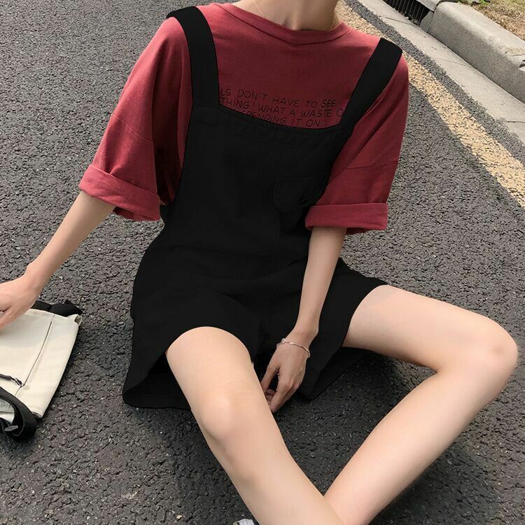 Braces Pants New Korean Version Of Denim Bib Female Summer Students Loose Plus Size Wide-Leg Pants Age-Reducing Siamese Shorts