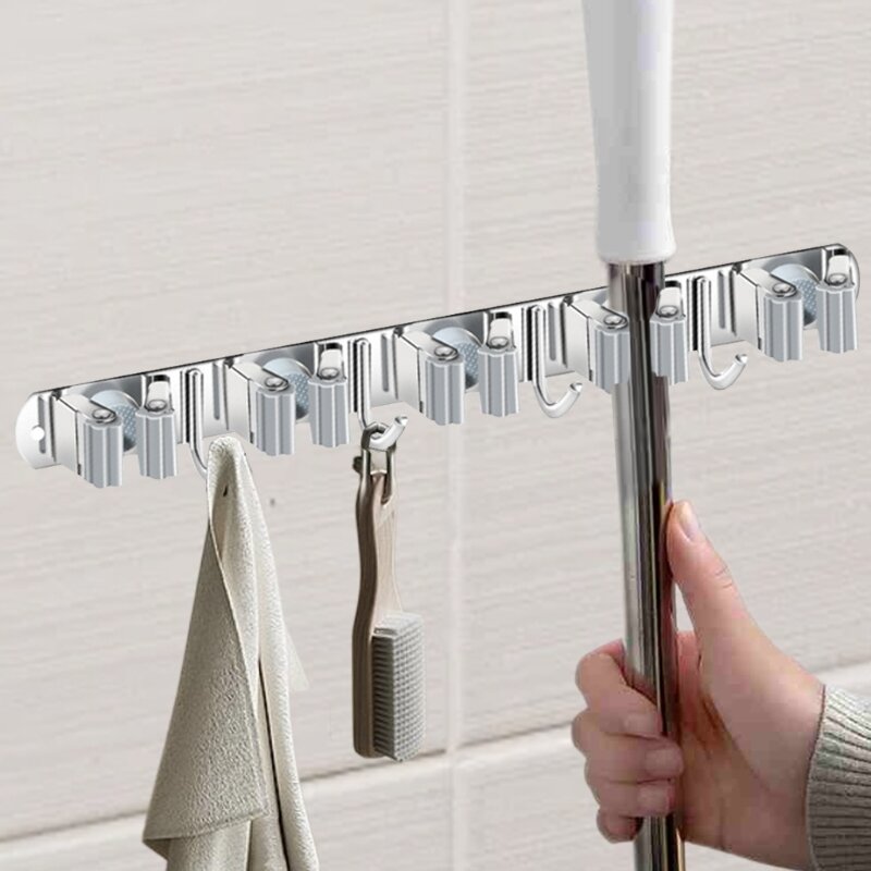 Stainless Steels Brooms Holder Sturdy Mop Wall Mounted Clean Tool Rack K92A