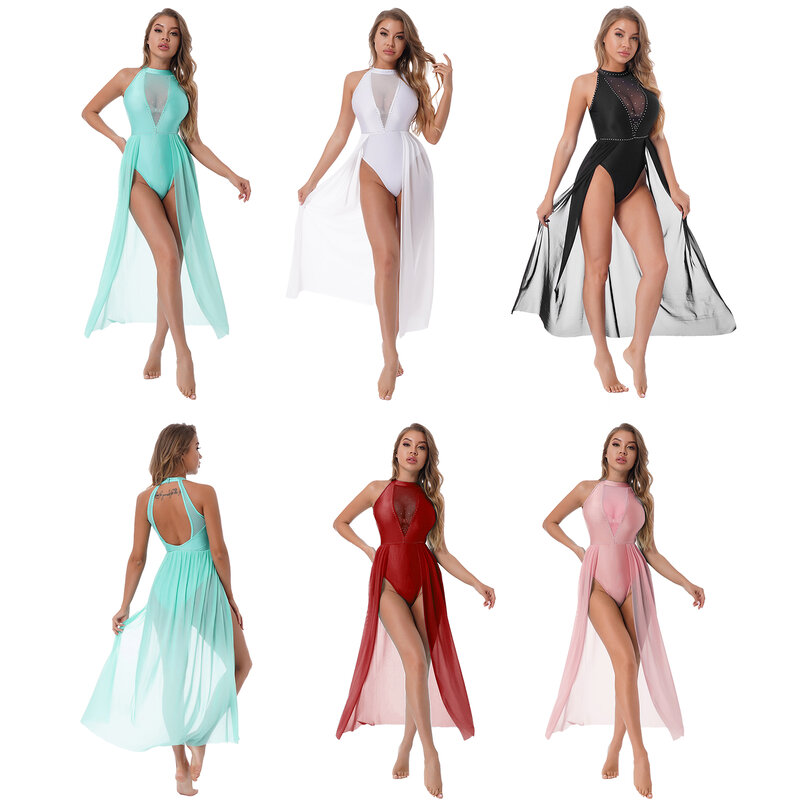 Kobiety Lyrical taniec sukienka błyszczące Rhinestone Halter bez rękawów Backless przezroczysta siateczka balet gimnastyka trykot Maxi sukienka Dancewear