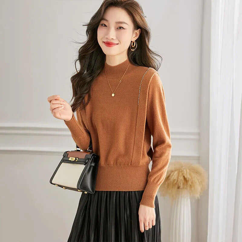 2024 Women Long Sleeved Pullovers Knitting Coat Ladies Pullover Sweater Outerwear Spring Female Half High Collar Sweater Jacket