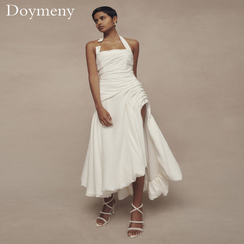 Doymeny 2024 Elegant A Line Evening Dress Halter Zipper Up Back Sleeveless Pleat RuffleSexy High Split Vestidos Elegantes