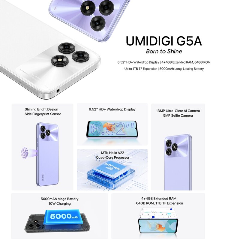 UMIDIGI-G5A Smartphone, MTK Helio A22, andróide 13, bateria 5000mAh, câmera 13MP, 10W, 4GB + 64GB, tela de 6,52"