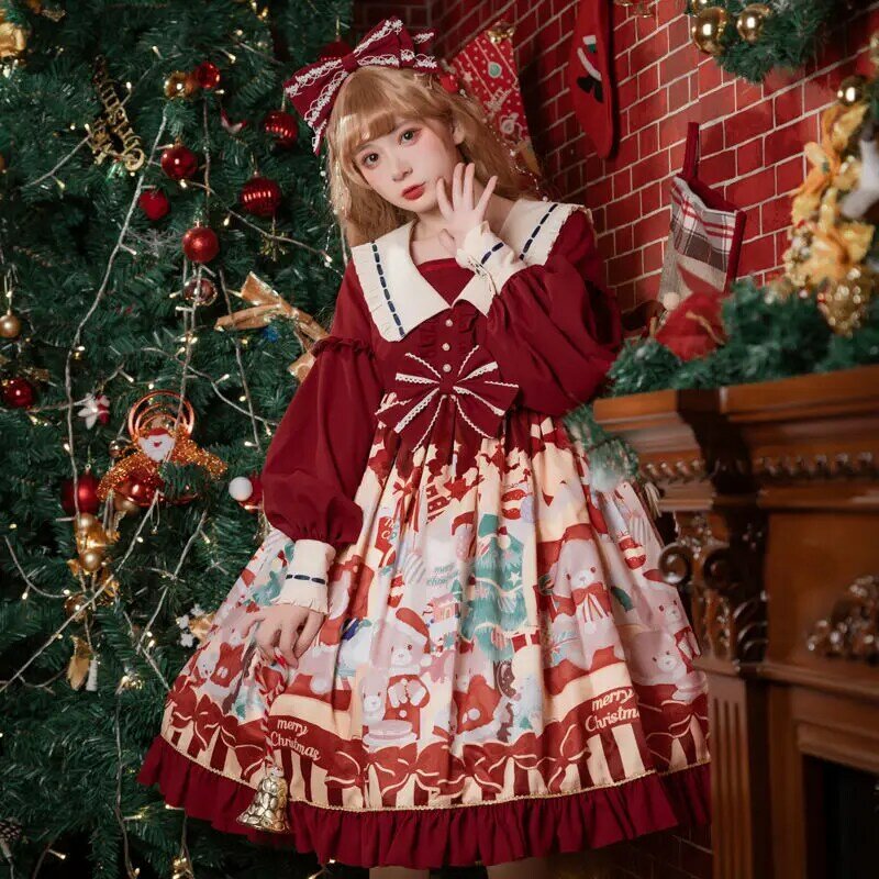 Vestido de Natal Kawaii feminino Lolita, Princesa Vestido de Festa, Cintura Alta, Ruffle, Puff Manga Longa, Vermelho, Desenhos Animados, Doce, Ano Novo