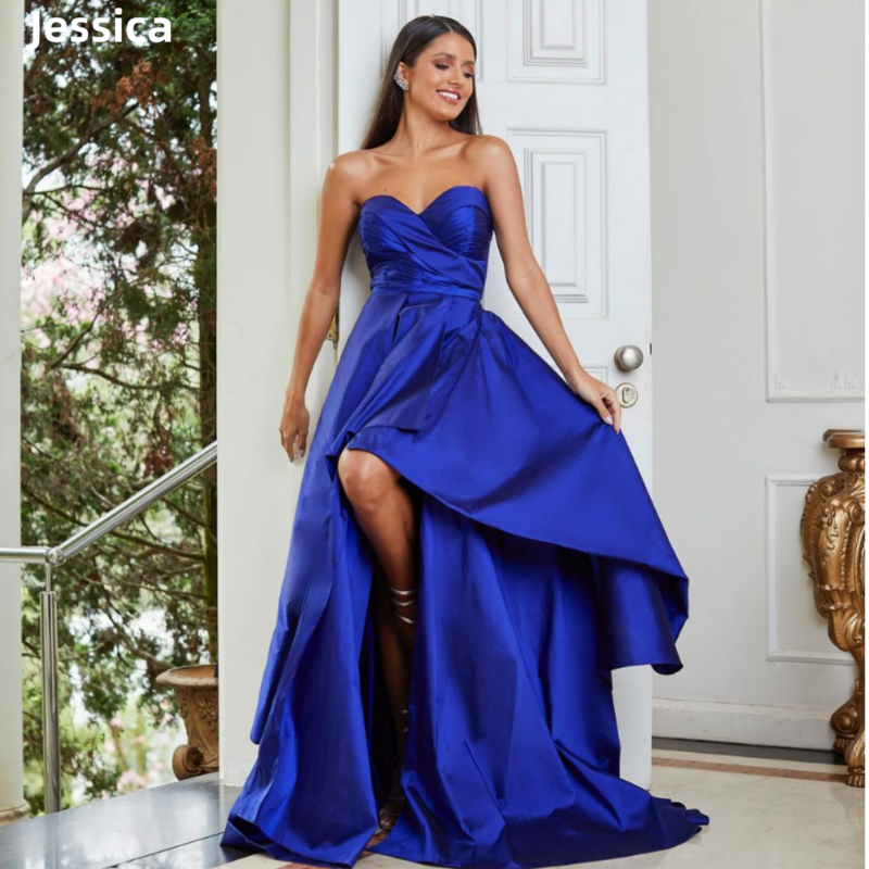 Jessica Blue Prom Dresses abiti da sera in raso senza spalline di lusso spacchi laterali Sexy abito da festa formale da sposa muslimexags raffainer