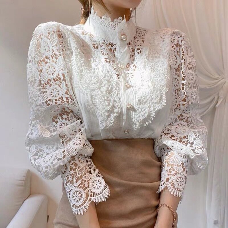 Embroidery Lace Blouse For Women Petal Sleeve Hollow Out Stand Collar Spring Solid Elegant Youthful Woman Blouse trends 2024