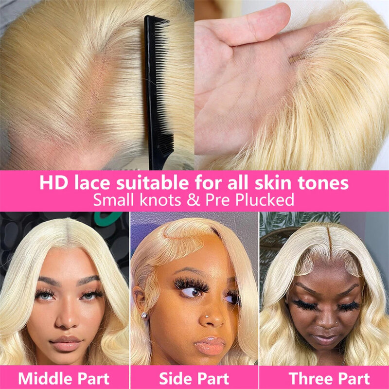 Perruque Lace Front Wig Body Wave naturelle sans colle, cheveux humains, pre-plucked, couleur blonde 613, 13x6 HD, 13x4