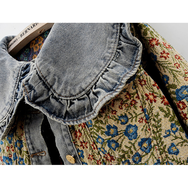Spring Autumn Jacquard Embroidery Peter Pan Collar Denim Jacket Women Loose Short Cowboy Outerwear Casual Jeans Jacket Female