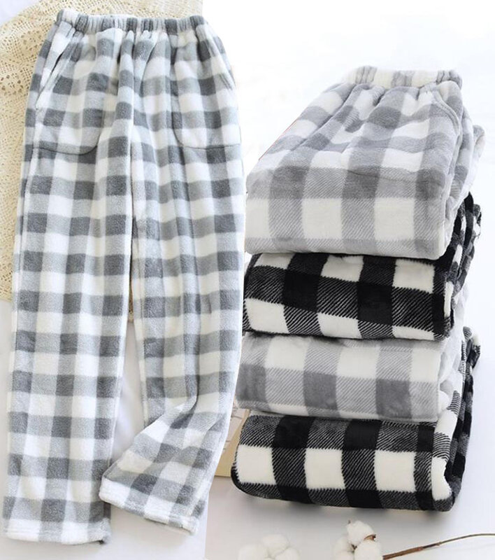 Confortável inverno xadrez grossa flanela masculina calças de pijama cintura alta solto casual em linha reta tamanho grande lã quente casa