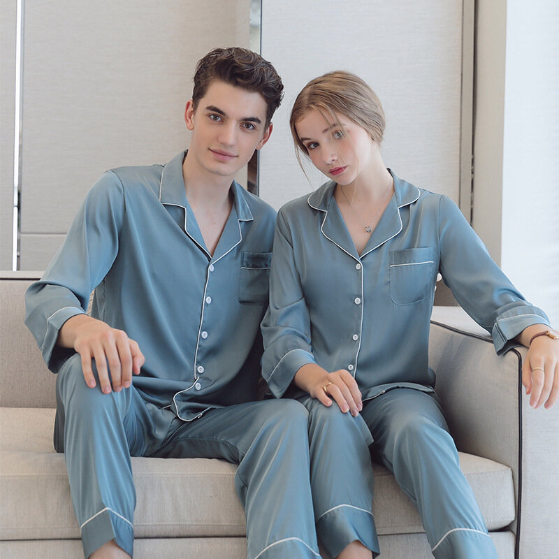 2023 neue Paar Pyjama-Sets Turn-Down-Kragen Eis Seide weiche Nachtwäsche für junge Liebhaber Strickjacke lässige Nachtwäsche Frühling lang
