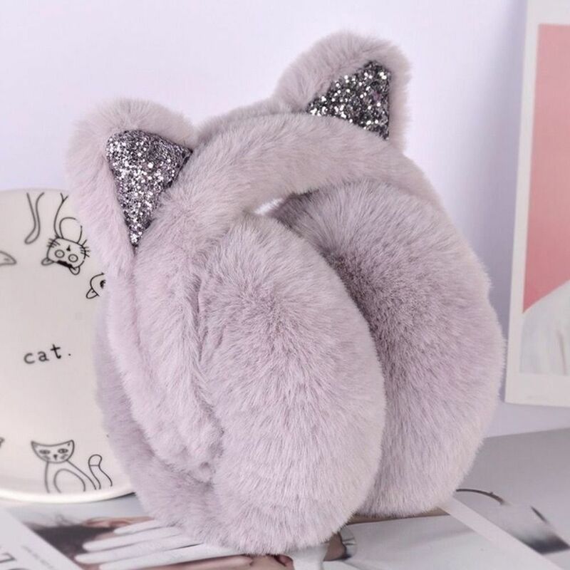 แมวหู Muffs อุ่นแบบพับลายการ์ตูน Glitter เลื่อม Soft Plush Warm Headband Earmuffs ที่ครอบหู Earflaps