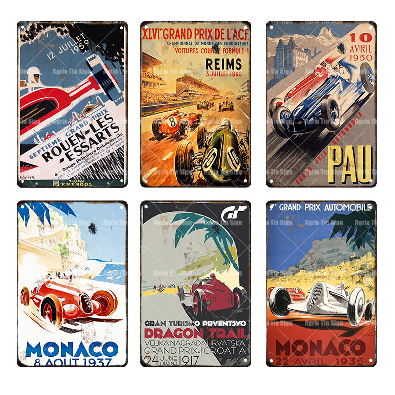 Vintage Monaco Racing Car Metal Tin Plate Retro Iron Painting Wall Decoration Poster Garage Outdoor Decor