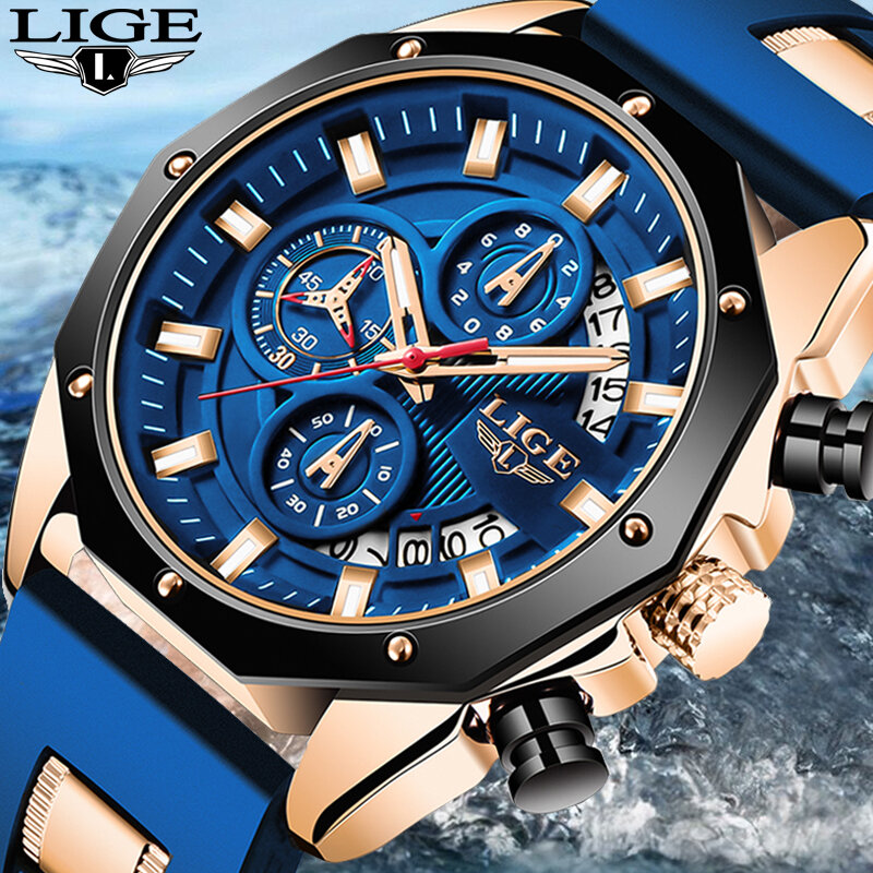 LIGE-빅 남성 시계, 최고 브랜드 럭셔리 스포츠 쿼츠 남성 시계, 밀리터리 방수 크로노 그래프 손목 시계 남성 시계