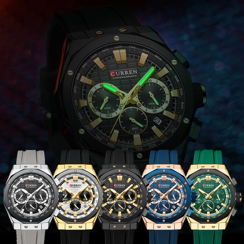 Часы CURREN Мужские кварцевые с силиконовым ремешком, брендовые Роскошные водонепроницаемые спортивные светящиеся в стиле милитари, с хронографом и датой