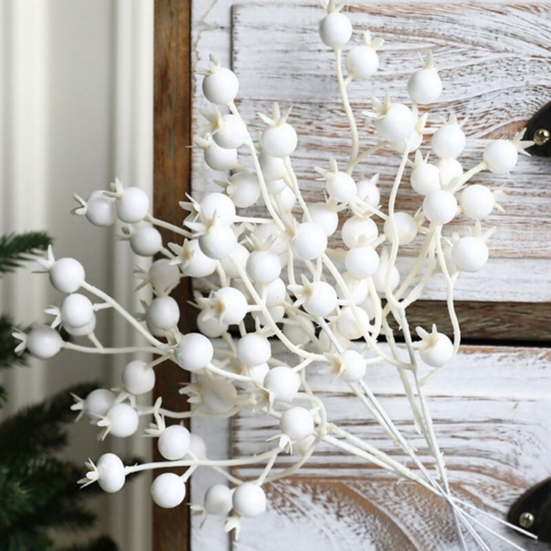 Ramas bayas artificiales, tallos bayas decorativas espuma, planta bayas blancas para decoración navideña Año 10