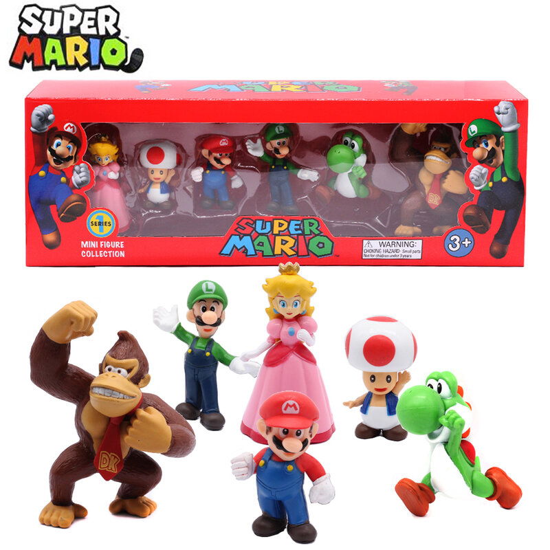 Figuras de acción de Super Mario Bros para niños, juguetes de PVC, modelos de Luigi, Yoshi, Donkey Kong, seta, regalos de cumpleaños, 6 unidades por Set
