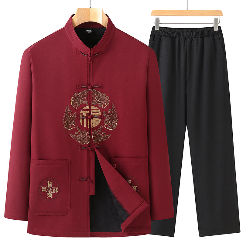 Herren Vintage Kong Fu Kleidung Herbst und Winter chinesischen Stil Plüsch verdickte Mantel Tops Jacken Hose zweiteiligen älteren Tang Anzug