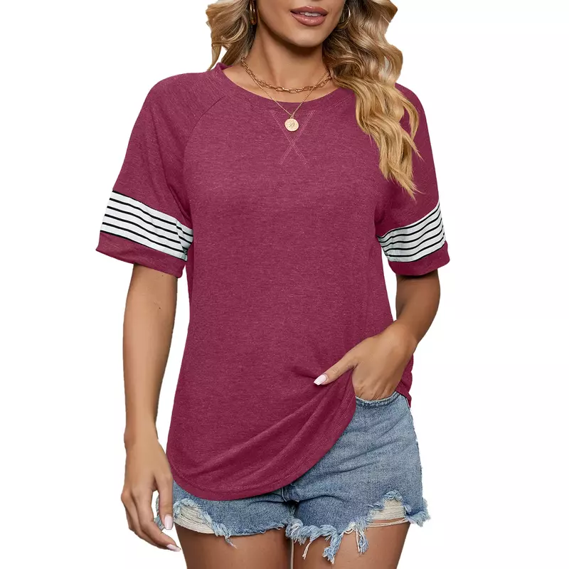 Camiseta de manga corta para mujer, tops de cuello redondo, rayas, liso, Verano