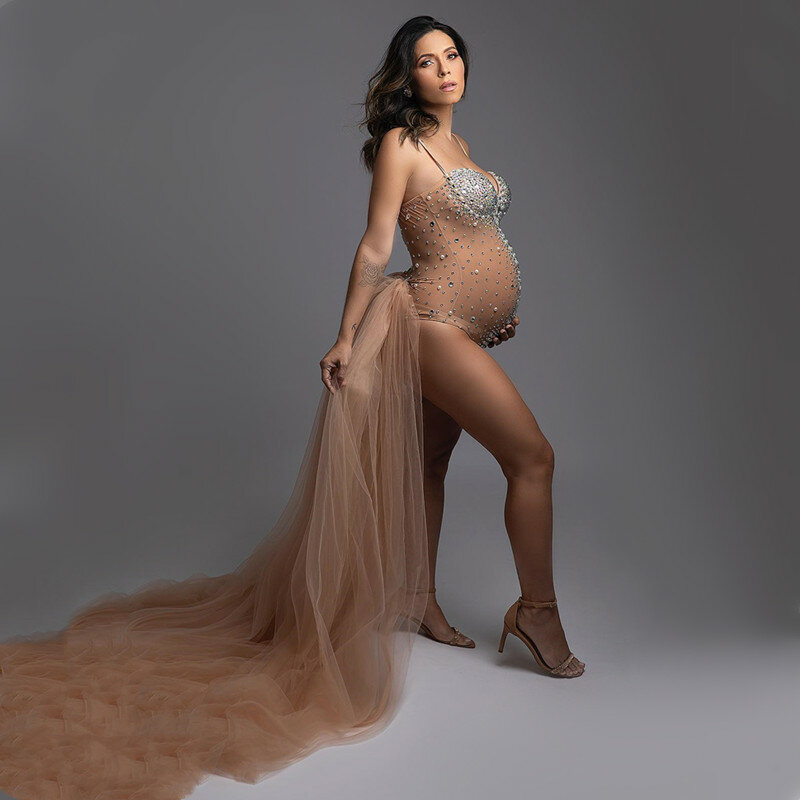 Bodysuit pemotretan ibu hamil, pakaian ketat fotografi kehamilan berlian imitasi bersinar kristal dengan berlian imitasi melar
